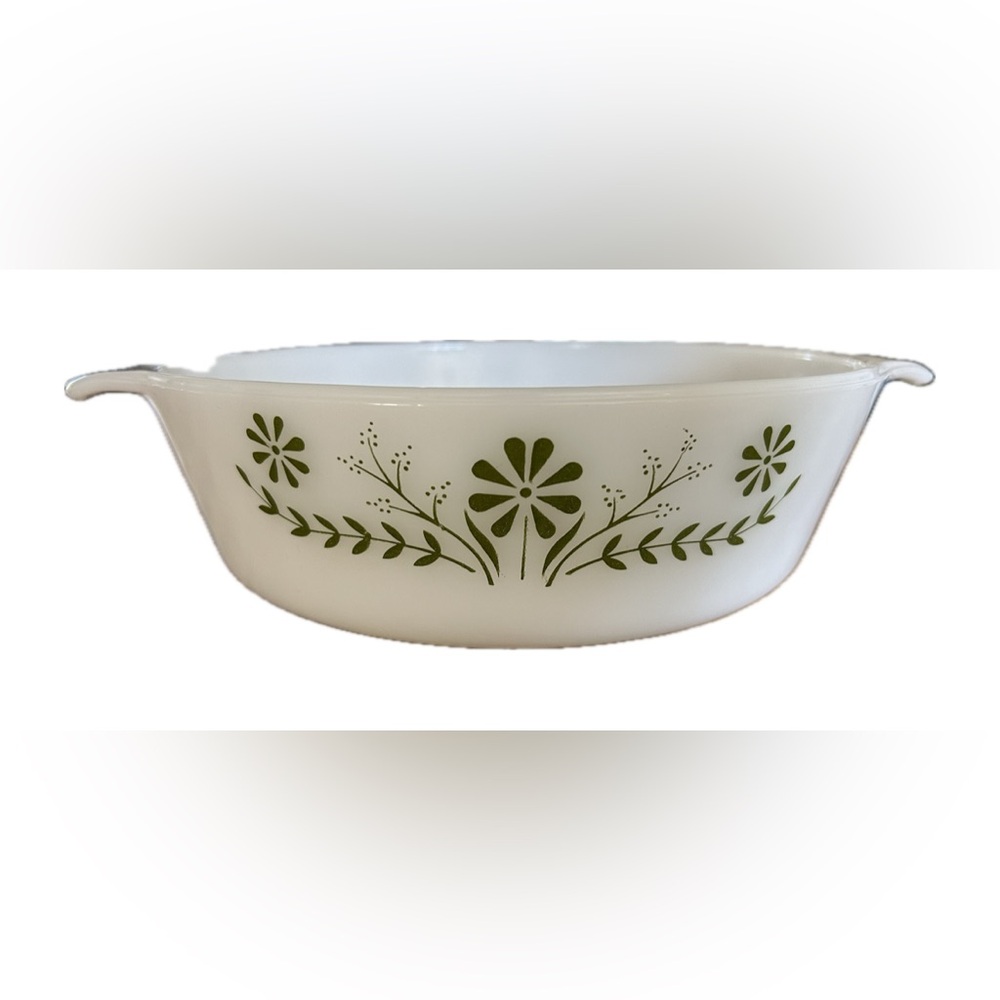 Glasbake cooking dish. Vintage mid century. Green daisy pattern.